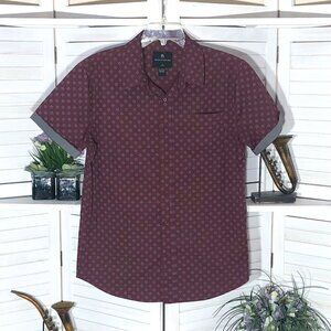 🟢 5/$25 Shouthouse cotton short sleeve Button Down Shirt M wine gray tik tak toe